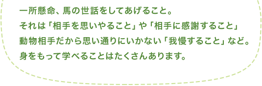 一所懸命、馬の世話をしてあげること。それは「相手を思いやること」や「相手に感謝すること」動物相手だから思い通りにいかない「我慢すること」など。身をもって学べることはたくさんあります。